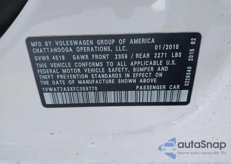 2015 Volkswagen Passat 1.8T Wolfsburg Edition из США, поврежденный, VIN 1VWAT7A3XFC059770